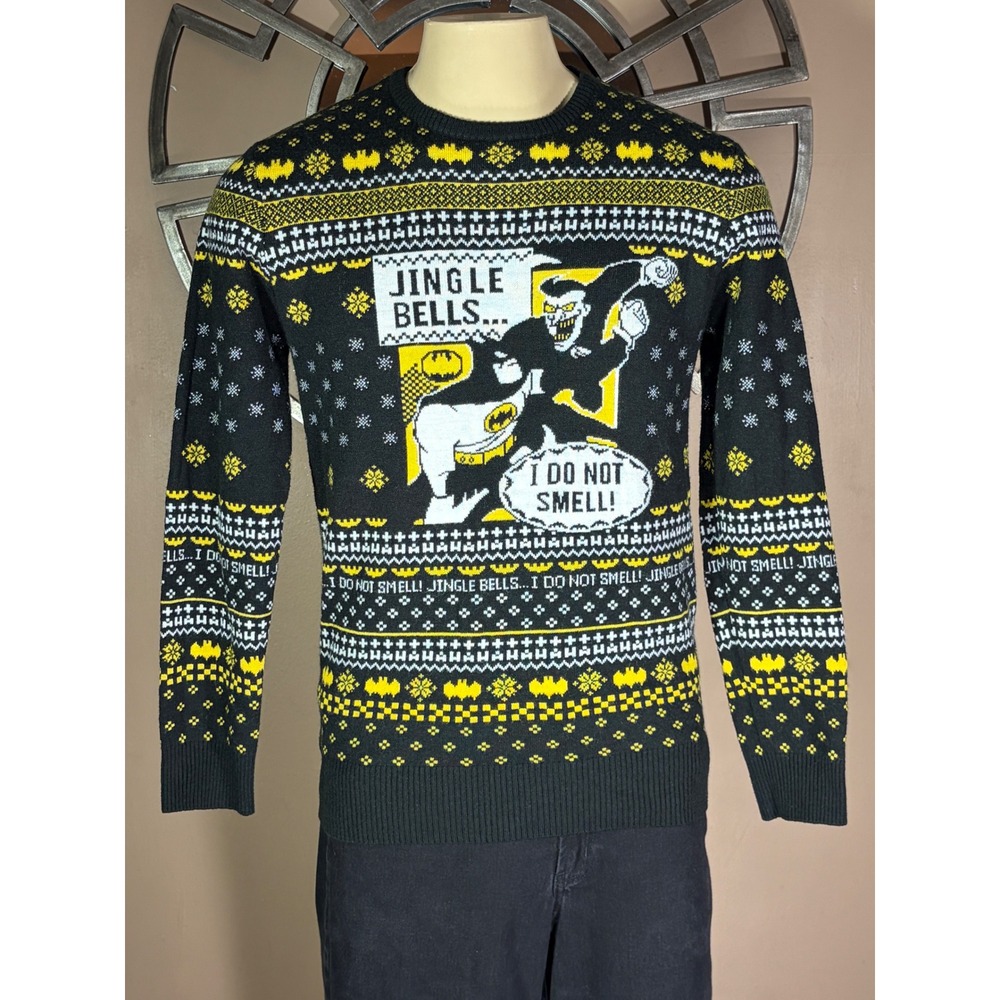 BoxLunch Batman Jingle Bells Ugly Christmas Sweater Mens Medium Black Yellow DC
